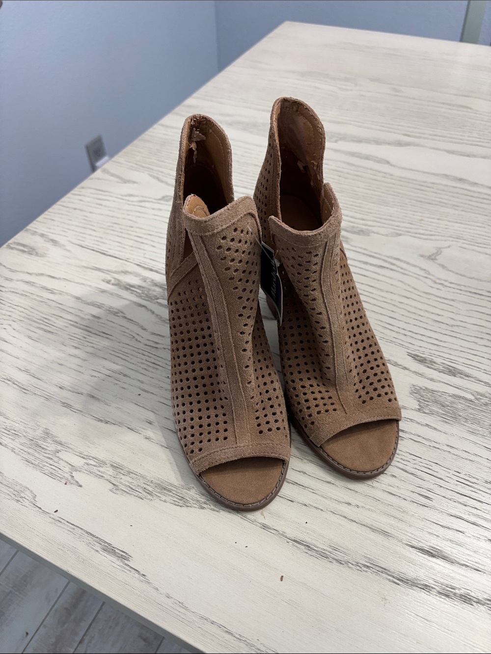 Lucky Brand Tan Perforated Suede Peep-Toe Ankle Boots